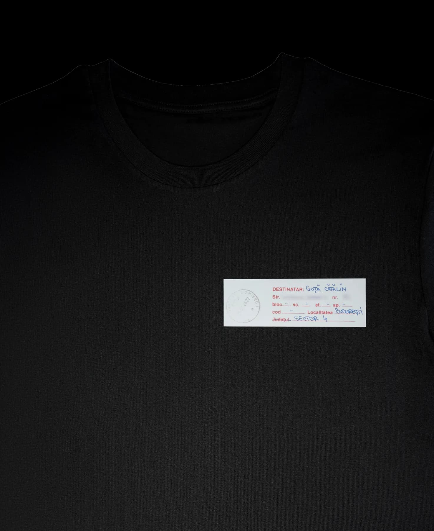 AMENDAT PENTRU ARTĂ, tricou negru — vedere din față, cu eticheta de destinatar pe piept